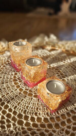 Tea Candle Holder. Golden Foil & Cherry
