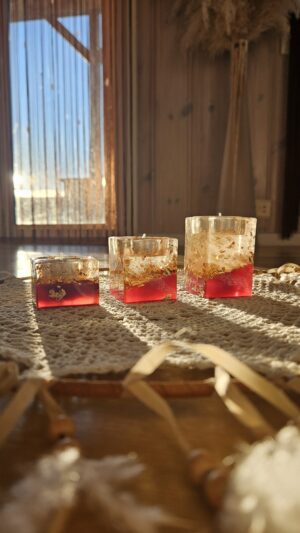 Tea Candle Holder. Golden Foil & Cherry