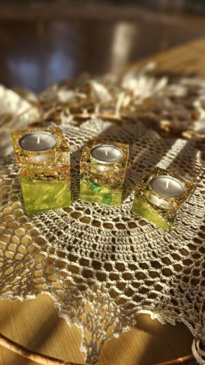 Tea Candle Holder. Golden Foil & Green